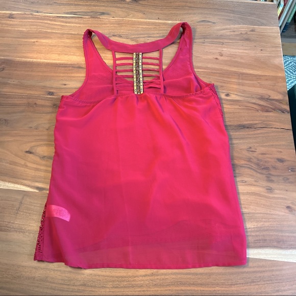 3/$20 🌸 Maurices semi-sheer lace pink-red racerback top, Small - Picture 2 of 7